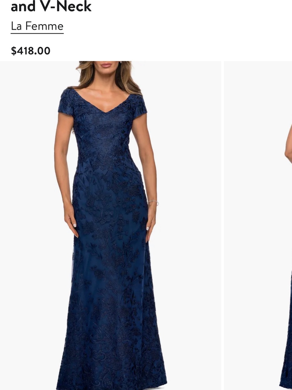 La Femme Navy Embroidered V-Neck Cap Sleeve Maxi Gown